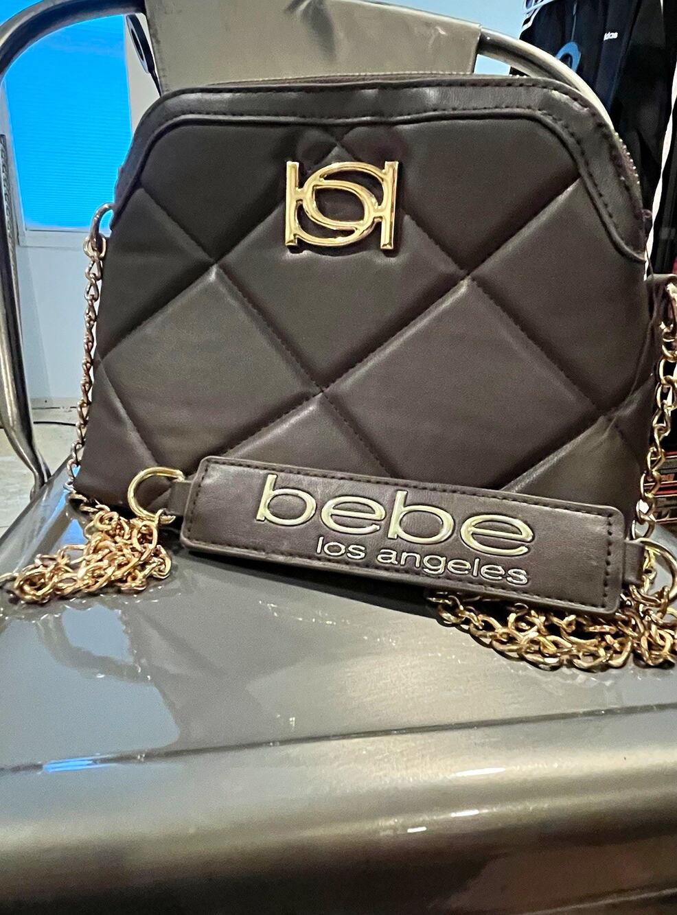 Bebe Los Angeles Brown Quilted Faux Leather Crossbody Bag Gold Chain Strap
